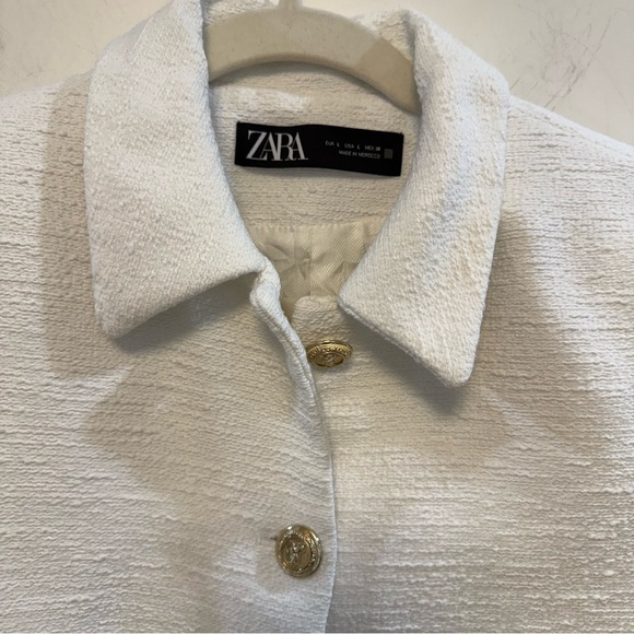 ZARA gold Button white Tweed Blazer Jacket Large - Picture 4 of 9